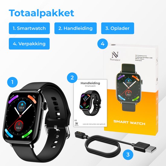 Nuvance - Smartwatch Heren & Dames met Bluetooth - IP68 Waterdicht - Geschikt voor alle Smartphones - Stappenteller en Hartslagmeter - Zwart