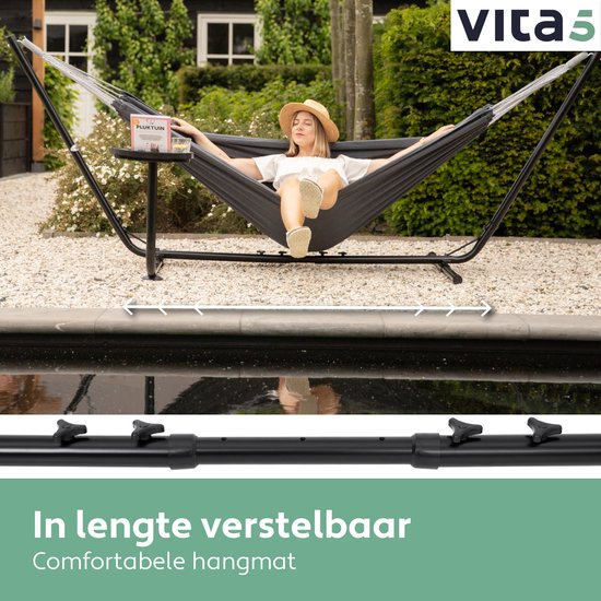 Vita5 Hangmat met Standaard 2 Persoons - Incl. Bekerhouder - Draaggewicht 205 kg - Donker Grijs - Verstelbare Lengte - Incl. Draagtas