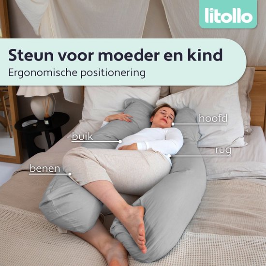 Litollo® Zwangerschapskussen XXL - Voedingskussen - Lichaamskussen - Body pillow - 280cm - Zachte fleece stof - Grijs - Met gratis extra afneembare hoes (t.w.v. €29,95)