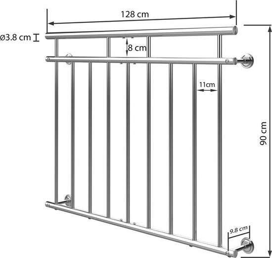 Monzana Franse Balkonreling Staal 90x128cm 7 Spijlen - Zilver