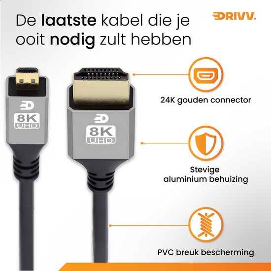Drivv. Premium Micro HDMI naar HDMI Kabel 2.1 - 8K 60Hz / 4K 120Hz Ultra HD - Geschikt voor Camera, GoPro, Computers - 1 meter - Grijs