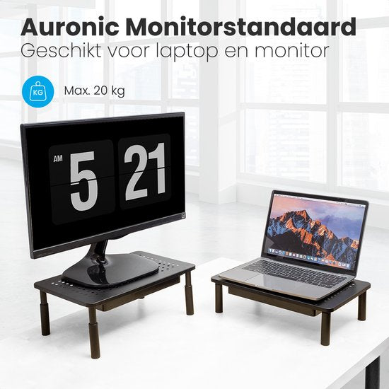 Auronic Monitor Standaard - Monitor Verhoger - Beeldscherm Verhoger - 2 Stuks - Verstelbaar - 37 x 23,5 x 10 cm - Metaal - Zwart