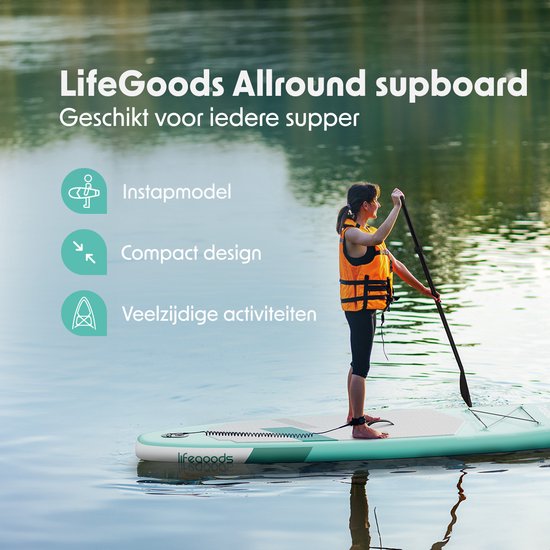 LifeGoods SUP Board Allround Compact - 100 KG Draagkracht - 300 x 76 cm - Opblaasbaar - Compleet SUP pakket - Mintgroen