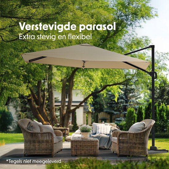 LifeGoods Parasol - 300x300 cm - Kantelbaar - 7 Standen - Waterdicht - met Hoes - Taupe
