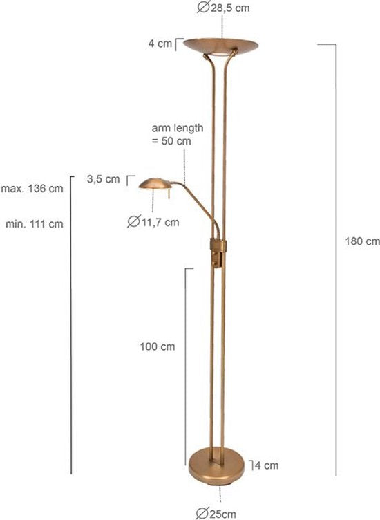 Steinhauer Olet - Klassieke LED Dimbare Vloerlamp | Staande Lamp met Dimmer met leeslamp - 1 lichts - H 1800 mm - Brons - Woonkamer | Slaapkamer