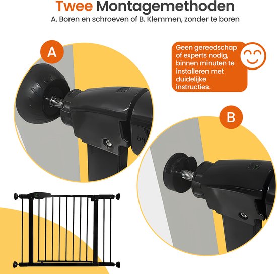 Goliving Traphekje Zonder Boren - 2 stuks - 75 t/m 103 cm - Klembevestiging - Klemmodel - Uitbreidbaar - Metaal - Kinderhekje - Hondenhek - Zwart