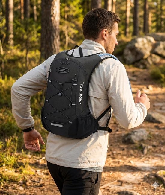 Travelhawk Drinkrugzak - Hardloop Rugzak - Geschikt Voor 2L Waterzak - Waterafstotend, Lichtgewicht, Reflecterend - 12L - Zwart