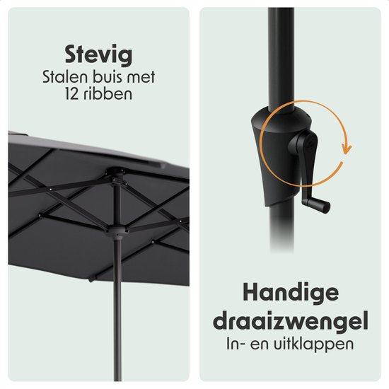 LifeGoods Dubbele Parasol - Tuin - 220x400cm - tot 8 Personen - Waterdicht - UPF50+ - Donkergrijs