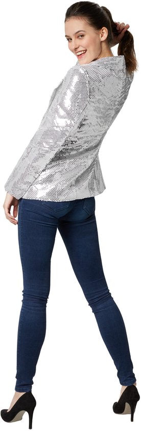 Dressforfun Paillettenjas dames zilver XL - verkleedkleding kostuum halloween verkleden feestkleding carnavalskleding carnaval feestkledij partykleding - 303854