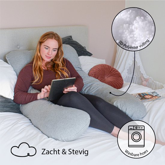 EL-Life Zwangerschapskussen XXL U-Vorm - Zijslaapkussen - Lichaamskussen - Voedingskussen - Body Pillow - 140x80cm - Afneembare Jersey Katoenen Hoes, Lichtgrijs