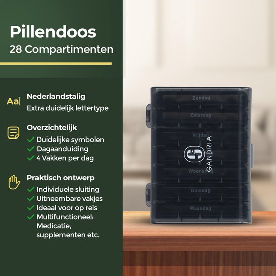 Gandria Pillendoos 7 Dagen - Uitneembaar Pillendoosje - Medicijndoos met 28 Compartimenten - Medicijndoos met Stevige Sluiting - 4 Vakken per Dag - Zwart