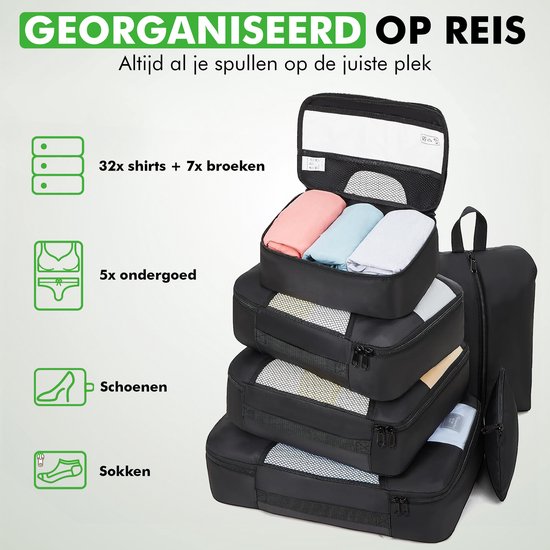 Travelhawk Packing Cubes - Koffer Organizer Set - Kleding - Bagage Organizers - 8 Stuks - Zwart