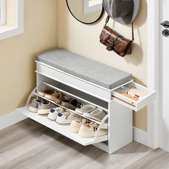 SoBuy FSR82-L-WG Schoenenkast entreebank – schoenenbank met toiletzitting en schoenenopbergkussen voor hal, woonkamer 75 x 24 x 51 cm, capaciteit 180 kg, wit antiek houteffect