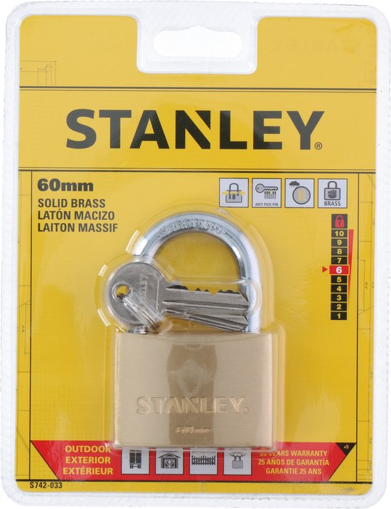 Stanley Hangslot 60 mm – Massief Messing – Inclusief 2 Sleutels – Weerbestendig