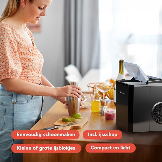 KitchenBrothers IJsblokjesmachine - 1L - IJsblokmaker met IJsschep - Easy Clean - 9 Blokjes in 8 min. - Zwart