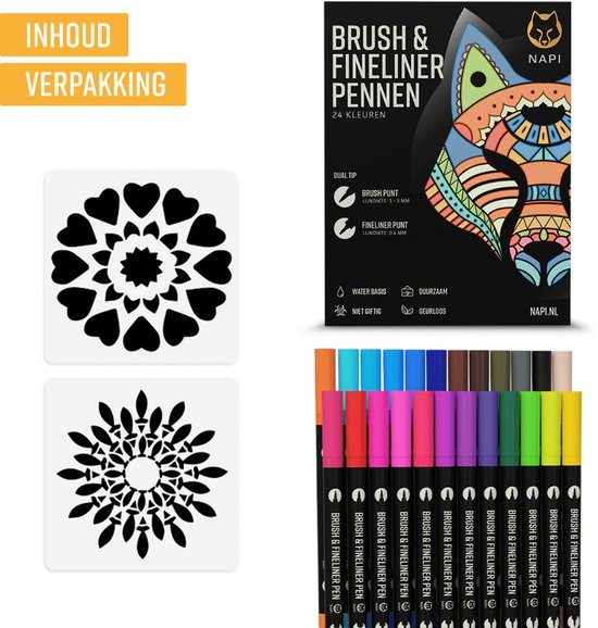 NAPI Twinmarkers - 24 Stiften voor Volwassenen - Dubbelzijdige Brushpennen - Fineliners Kleur - Viltstiften Handlettering - Bullet Journal Accessoires - Brush Pennen Aquarel - Markers Kinderen - Markeerstiften Incl. 2 Mandala Sjablonen