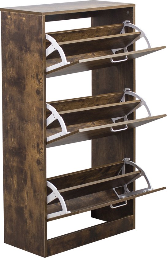 Schoenenkast - Schoenenrek met 3 Vakken met Klepdeuren - Donkerbruin Walnoot Kleurig - 112x60x30 cm