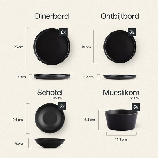 Deleca Serviesset 6 Persoons - Kommen, Schaaltjes / Bordenset - Massief Aardewerk - Mat Zwart / 24-delig