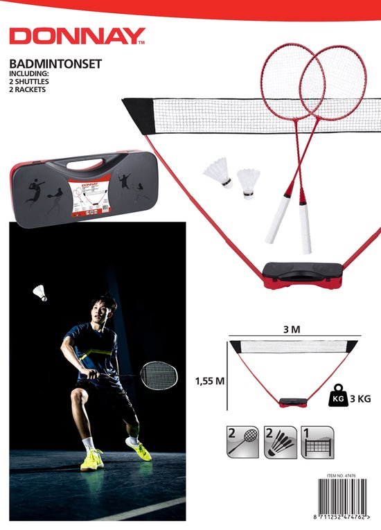 Donnay Badmintonset - 2 Personen - Badmintonrackets - Shuttles - Badminton Net - Incl. Reiskoffer - Zwart/Rood
