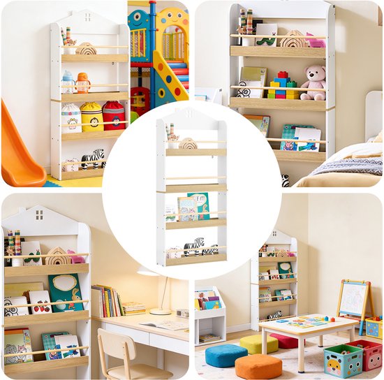 SoBuy KMB121-WN Boekenkast voor kinderen, 4 niveaus, meubels, speelgoed, boekenkast, opbergkast, plank, slaapkamer, wit/naturel, 60 x 15 x 130,5 cm