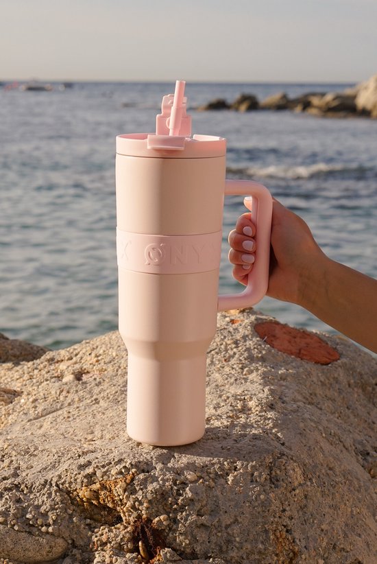 ONYX Drinkfles met Rietje 1.2 Liter - Waterfles voor Kinderen & Volwassenen - Thermosbeker Travel Mug - Motiverende Drinkbus - Drinkbeker voor School - Roze
