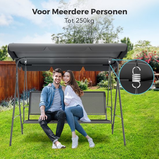 LifeGoods Schommelbank - 3-zits - tot 250KG - Kantelbaar Dak - UV-bestendig Zonnescherm - 172x104x162cm - Grijs