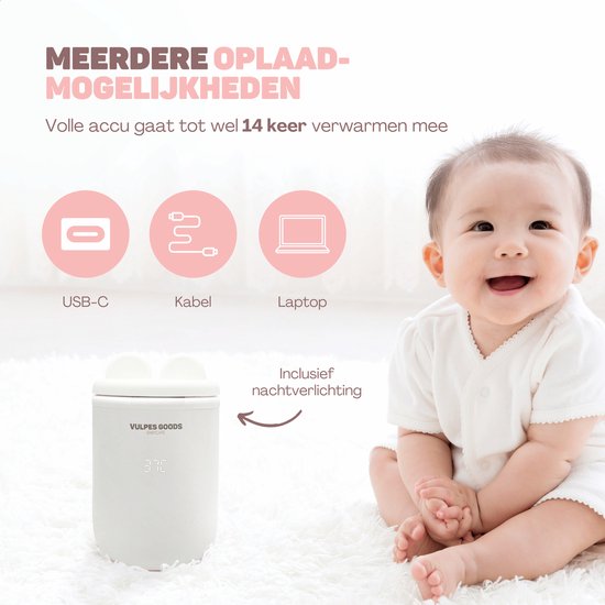 Vulpes Goods® BabyCare - Flessenwarmer Pro Max- Draagbare Baby Flessenwarmer voor Onderweg - Intelligente Flesverwarmer - 4 Temperatuurniveaus - Draadloos - Inclusief 6 Adapters - USB Oplaadbaar - 13.200 mAh - Wit