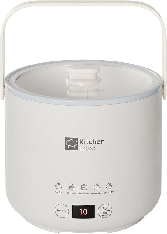 KitchenLove Rijstkoker - 0.4L - Multicooker - Rice Cooker - Slowcooker - 1 tot 2 Personen - Klein - Créme Wit