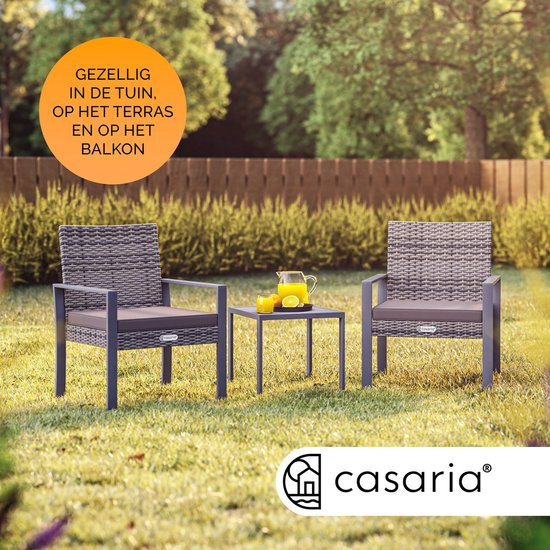 Casaria Polyrattan Tuinset – 1 Tafel 2 Stoelen – Weerbestendig Grijs