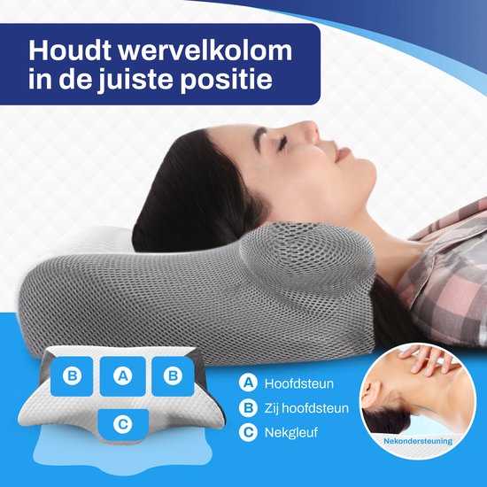 Sleeptight Vlinderkussen - Orthopedisch Hoofdkussen tegen Nekklachten - Ergonomisch Anti Snurk Hoofdkussen – Traagschuim Memory Foam Apneu Kussen - 65x35x13cm