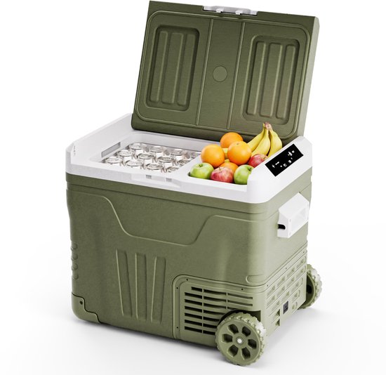 Auronic Elektrische Koelbox - Compressor - 2 Zones - 45L - 12/24V en 240V - Koelen en Vriezen - Camping Koelkast - Frigobox Auto - Met Wielen en Hendel - Groen