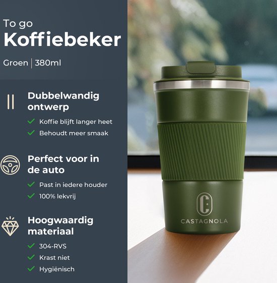 Castagnola Thermosbeker - Koffiebeker To Go - Reismok voor Koffie en Thee - Theebeker - 380 ML - RVS - Groen