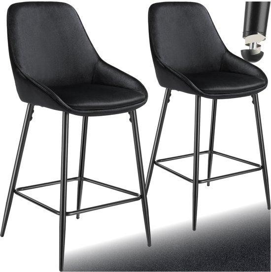 tectake® - Set van 2 Barkrukken Siera - Gestoffeerde Barkruk met rugleuning - Barstoelen - Barstoel met voetensteun - Eetkamerstoel met fluweellook bekleding en zachte schuimvulling - Stevige stalen poten met antislip vloerbescherming - Zwart