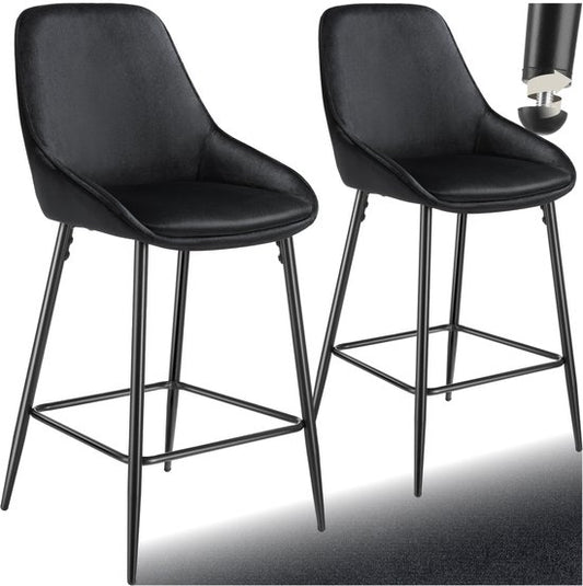 tectake® - Set van 2 Barkrukken Siera - Gestoffeerde Barkruk met rugleuning - Barstoelen - Barstoel met voetensteun - Eetkamerstoel met fluweellook bekleding en zachte schuimvulling - Stevige stalen poten met antislip vloerbescherming - Zwart