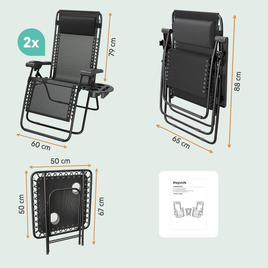 LifeGoods Ligstoelen - Opvouwbaar - Complete set - Met Bijzettafel - 30°-90° Verstelbaar - Tuinstoelen - Metaal - Zwart