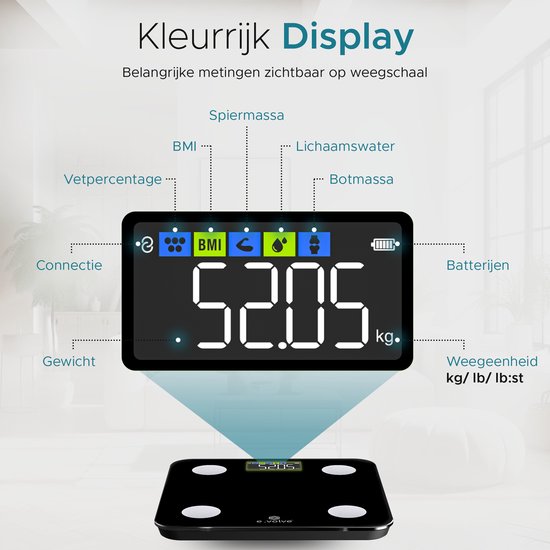 e.volve Weegschaal Personenweegschaal Digitaal - 20 Metingen - Slimme Weegschaal met Lichaamsanalyse - Kleurenscherm - Precisie Weegschaal - Weegschalen - Digitale Weegschaal - Incl. App