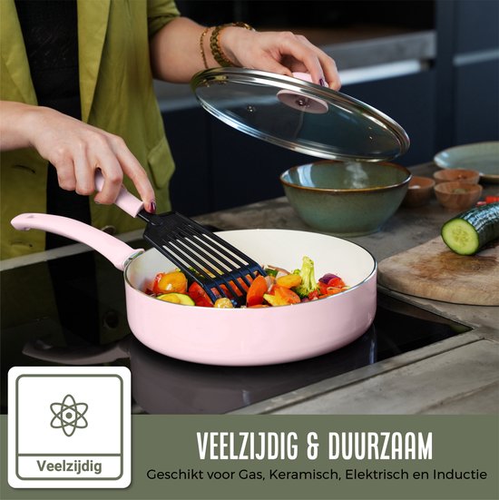 COOCK 19-Delige Pannenset - Speciale Anti-Aanbak Coating - Ergonomische Koudgrepen - Gerecycled Aluminium - koekenpannenset - kookpottenset - Lichtroze - Inclusief Onderzetters en E-book