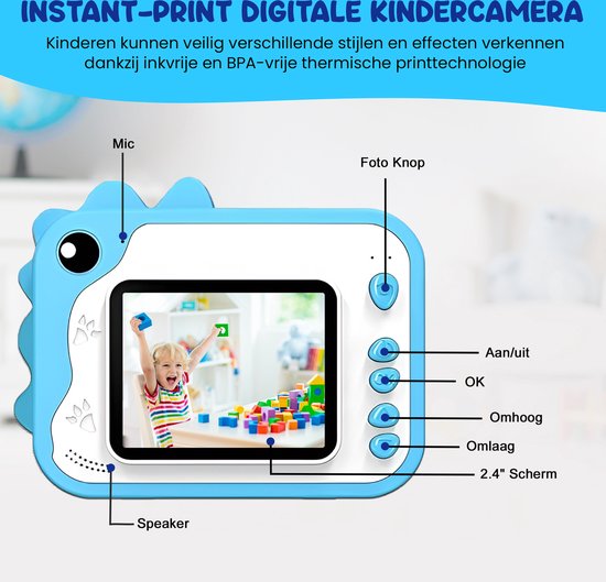 K&L® 3 IN 1 Digitale Kindercamera + Instant print + speelcamera - 32GB micro sd kaart - camera kinderen - Vlogcamera met games - Fototoestel voor Kinderen - Klein Formaat Speelgoed - Met videofunctie - Blauw