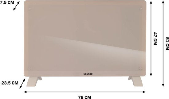 VONROC Luxe elektrische kachel - Convectorkachel met glazen paneel – 1000W/2000W- Verwarmt ruimtes tot 24m2 - Bediening zowel met app (via Wifi) als handmatig – Instelbare thermostaat en timer - Beige