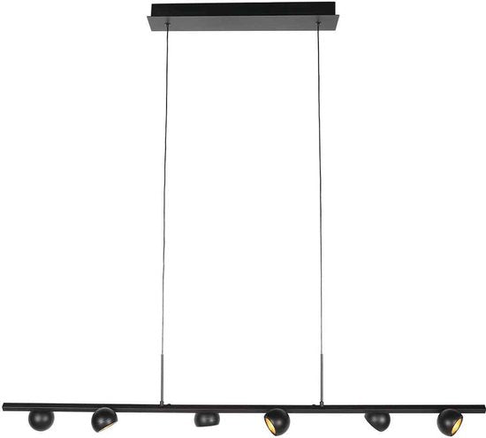 Zwarte hanglamp Marcadore 120cm breed 6 lichts met draaibare reflector kogels, verstelbaar in hoogte, van Steinhauer van kunststof en metaal, modern retro stijl, voor binnen gebruik