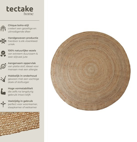 tectake® Handgeweven tapijt - Duurzaam en onderhoudsvriendelijk vloerkleed - Rond - Jute naturel - Verkrijgbaar in verschillende maten - Natuurlijk - Ø 200 cm