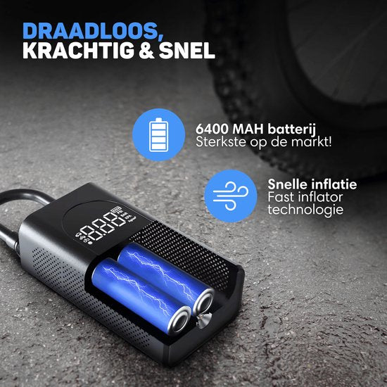 Vulpes Goods® Tech - Draagbare Compressor Bandenpomp - 6400mAh - Elektrische Fietspomp - Luchtcompressor voor Auto, Scooter, Fiets, Bal en Luchtbed - Incl. 7 opzetstukken - Zaklamp - Powerbank - Reiskoffer - PRO