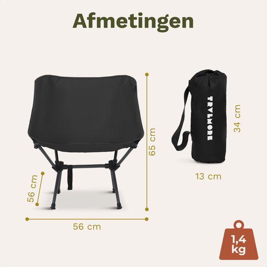 TRVLMORE Campingstoel - Opvouwbaar - 100KG Draagvermogen - Incl. Draagtas - Klapstoel - Visstoel - Kampeerstoel - Vouwstoel - Zwart