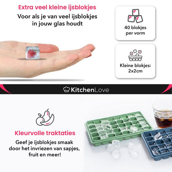 KitchenLove Siliconen IJsblokjesvorm met Deksel (2 Stuks) - 80 ijsblokjes - Vierkant - BPA Vrij - 100% Silicone - Groen & Blauw