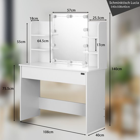 Casaria Make up tafel Lucia - Lade Spiegel LED 4 Planken 140x110 - Wit