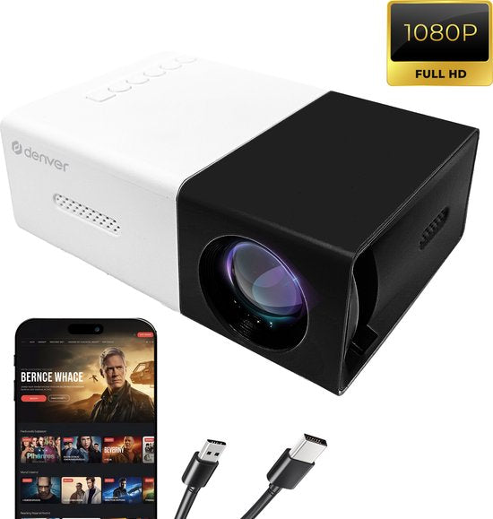 Denver Mini Beamer Full HD - Streamen vanaf je telefoon (USB-C) - Mini Projector - Incl. Afstandsbediening - HDMI/AUX/USB-C - PR800