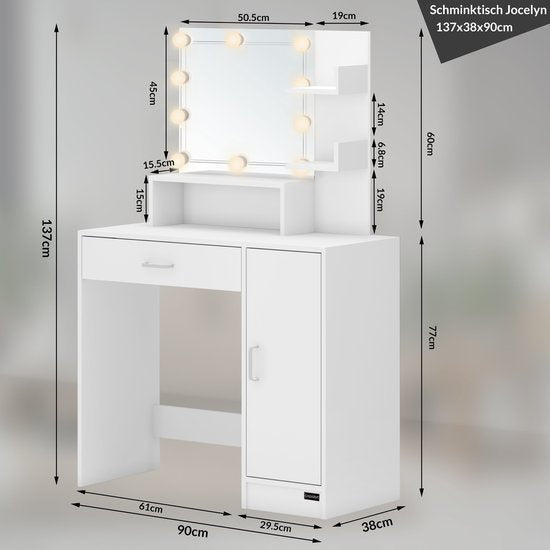 Casaria Make up tafel Jocelyn - Lade Spiegel LED 3 Planken 140x110 - Wit
