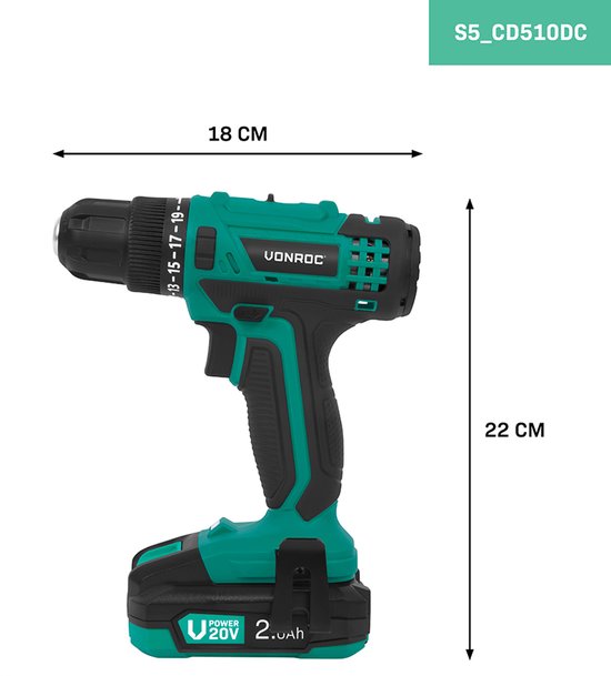 VONROC Accuboormachine 20V – 19 schroefstanden + boorstand - Incl. 2.0Ah accu, snellader en 46 accessoires in luxe koffer