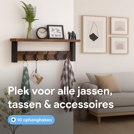 Wand kapstok met plank - 10 haken - Hangend - Kapstokken - Kleer - Kleding - Hangers - Vintage - Muur - Industrieel - Hout - Garde robe - Zwart - Luft