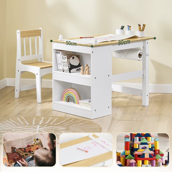 SoBuy KMB60-WN Kindertafel met Stoel, 2-delige set, tafel en stoel voor kinderen, bureau met 2 planken, papierhouders en opbergvakken, wit/Natuurel, 80 x 50 x 66 cm